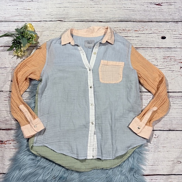 Rails Ellis Bermuda Color Block Button Front Shirt Top Organic Cotton Size M - Picture 7 of 11